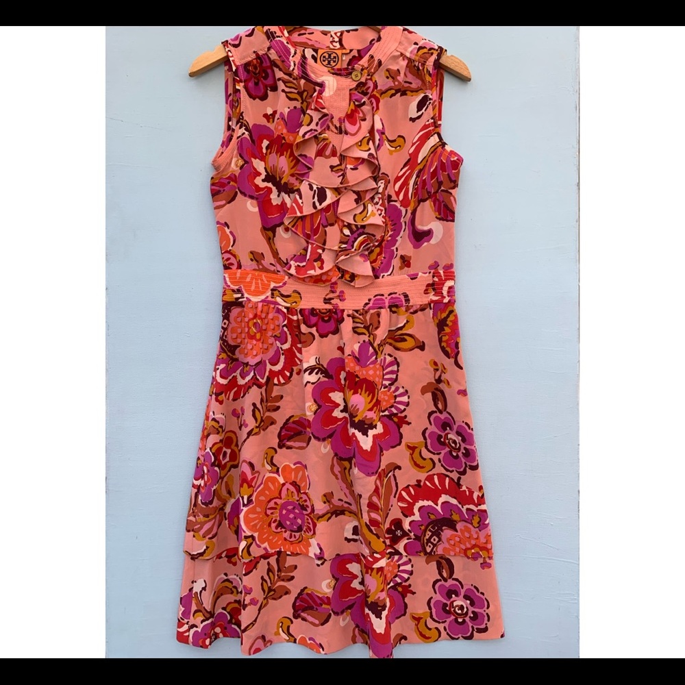 Tory Burch Pink Floral Ruffle Sleeveless Dress